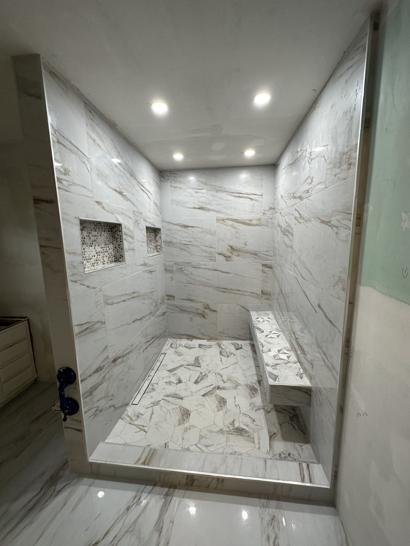 Master bathroom shower with hex tile floor